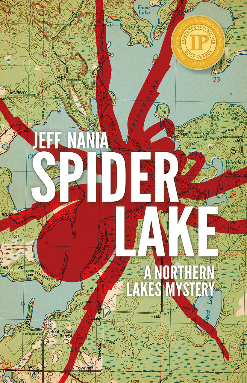 Book cover of Spider Lake by Jeff Nania. Background has a topographic map with a large red spider overlaid.