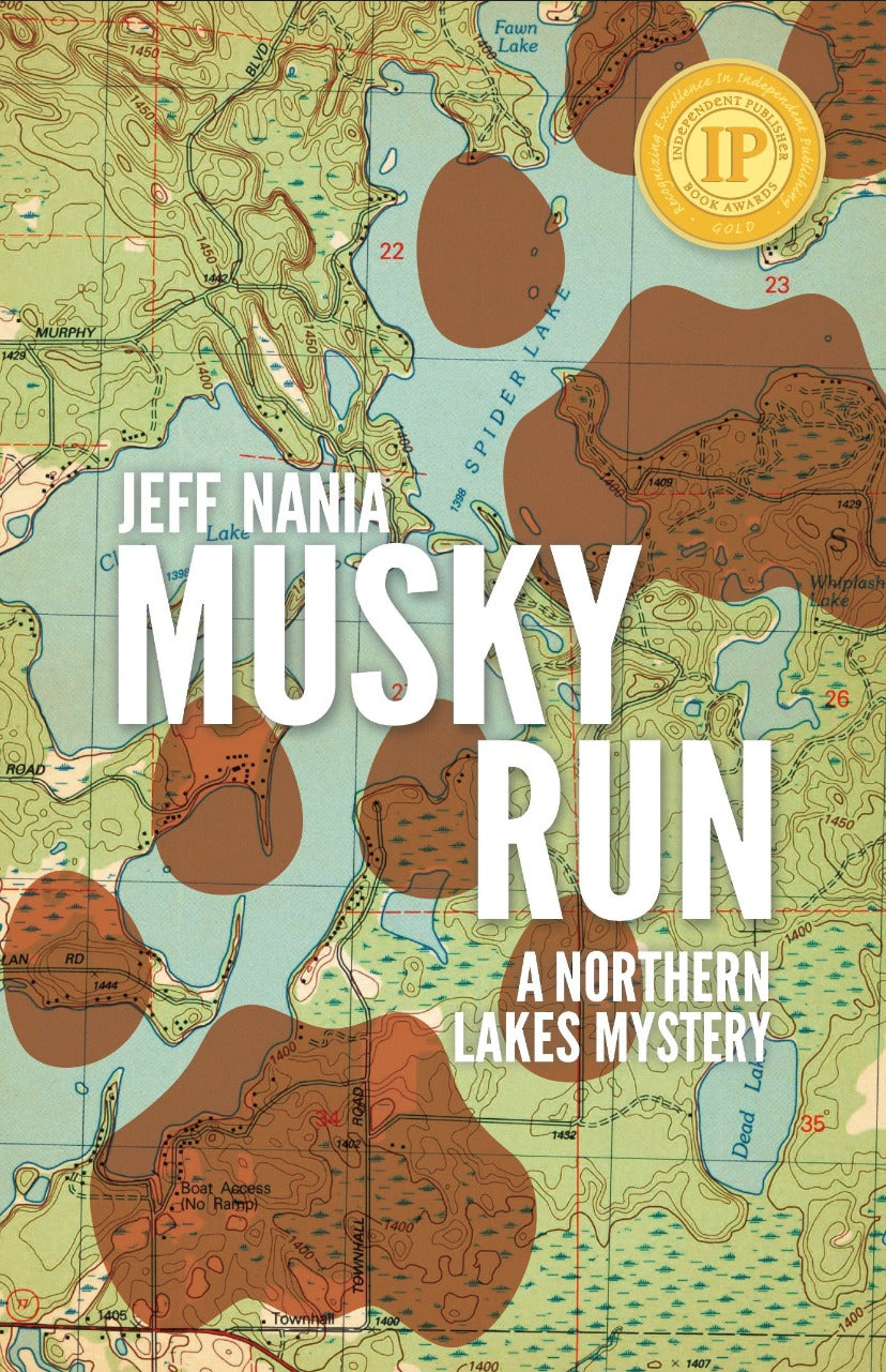Book cover of Musky Run by Jeff Nania. Background has topographic map with two large canine prints overlaid.
