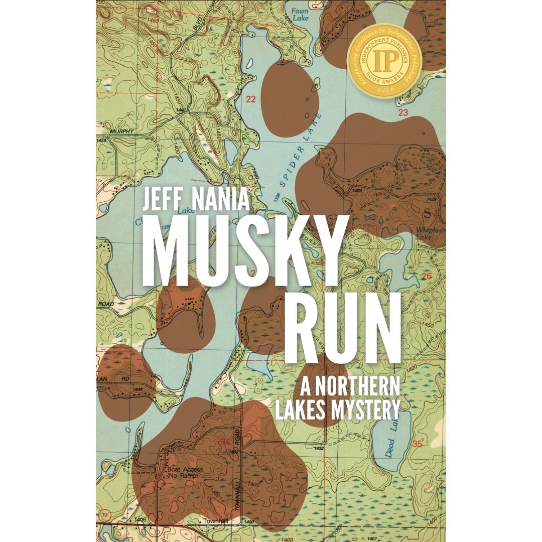 Book cover of Musky Run by Jeff Nania. Background has topographic map with two large canine prints overlaid.