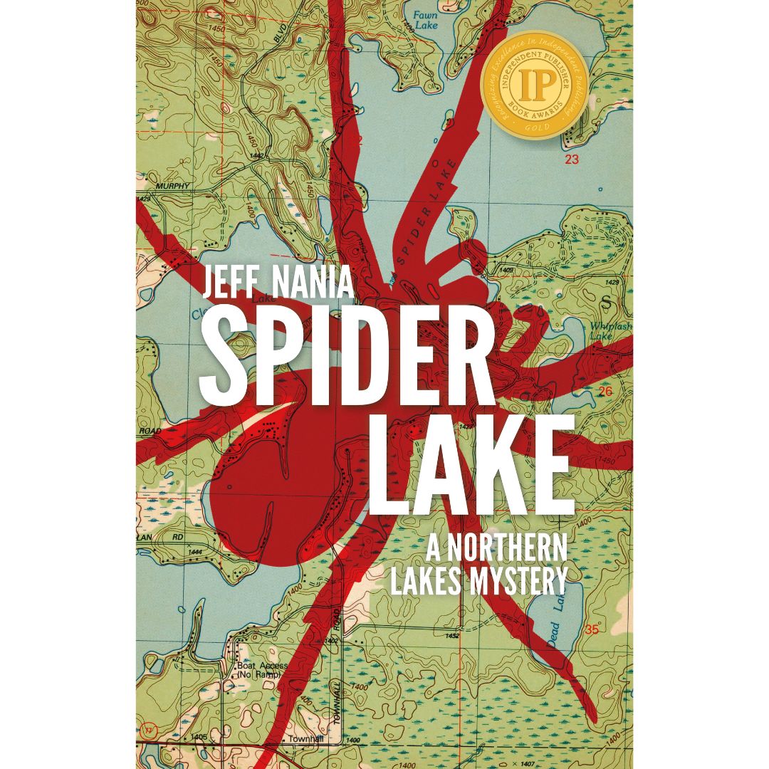 Book Cover of Spider Lake by Jeff Nania. Image has a topographic map in the background with a red spider overlaid.