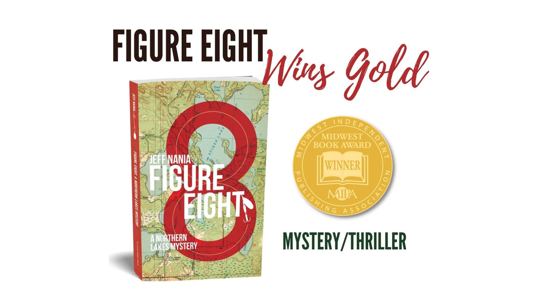 Graphic reading "Figure Eight Wins Gold" with book cover of Figure Eight by Jeff Nania and gold medal