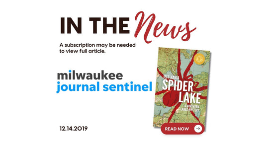 Graphic reading "in the news" with logo of the Milwaukee Journal Sentinel and cover of Spider Lake by Jeff Nania