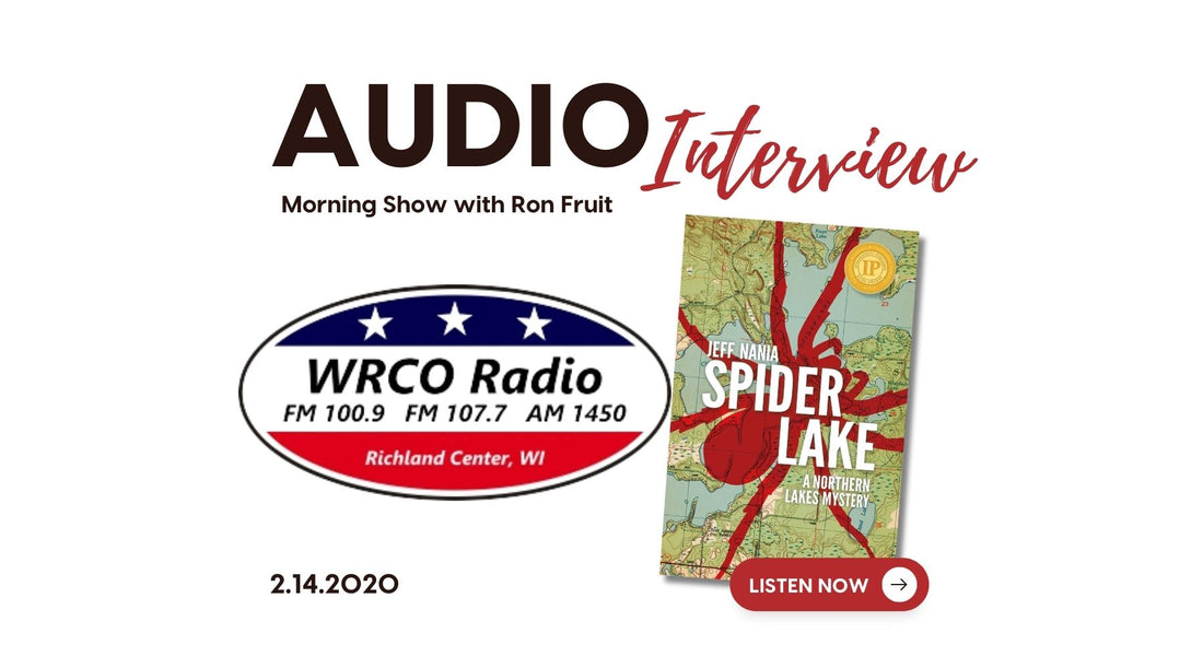 Graphic reading Audio Interview with image of WRCO Radio logo and Spider Lake by Jeff Nania