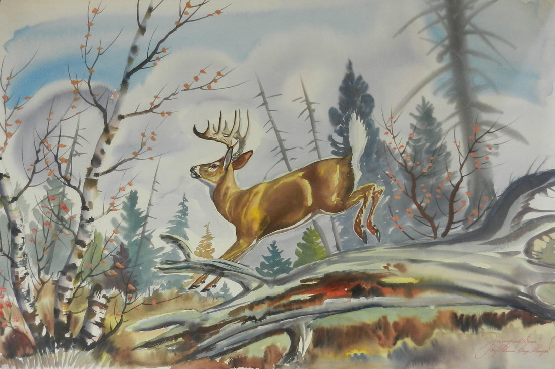 Watercolor painting of a deer jumping through the woods