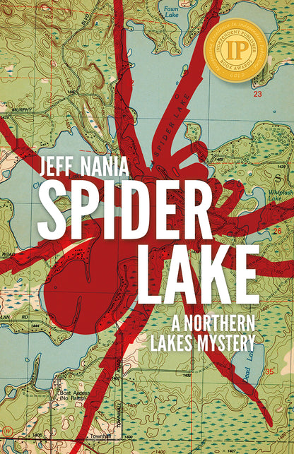 Book cover of Spider Lake by Jeff Nania. Background has a topographic map with a large red spider overlaid. 