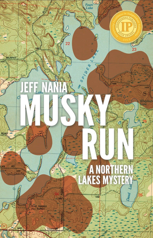 Book cover of Musky Run by Jeff Nania. Background has topographic map with two large canine prints overlaid. 