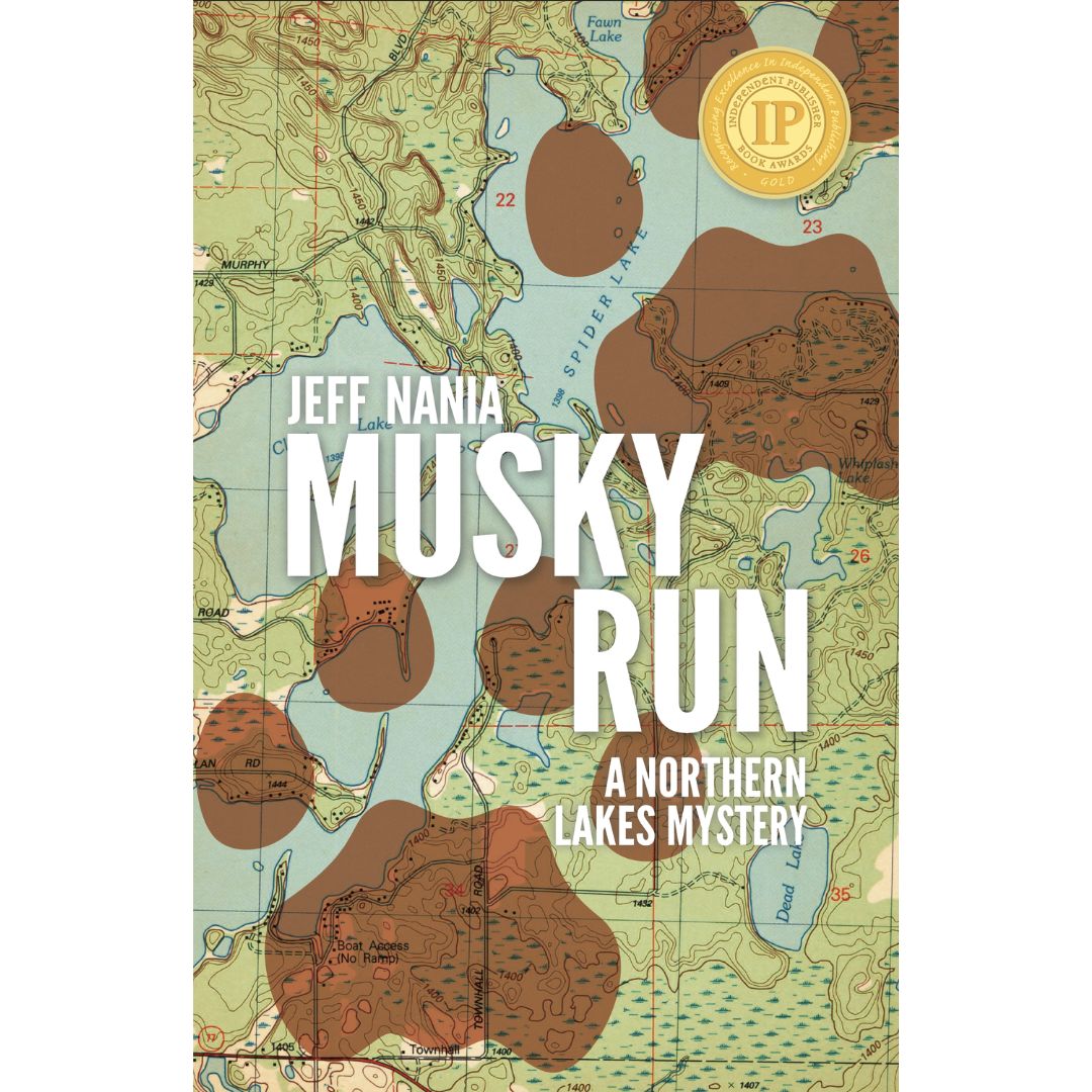 Book cover of Musky Run by Jeff Nania. Background has topographic map with two large canine prints overlaid. 